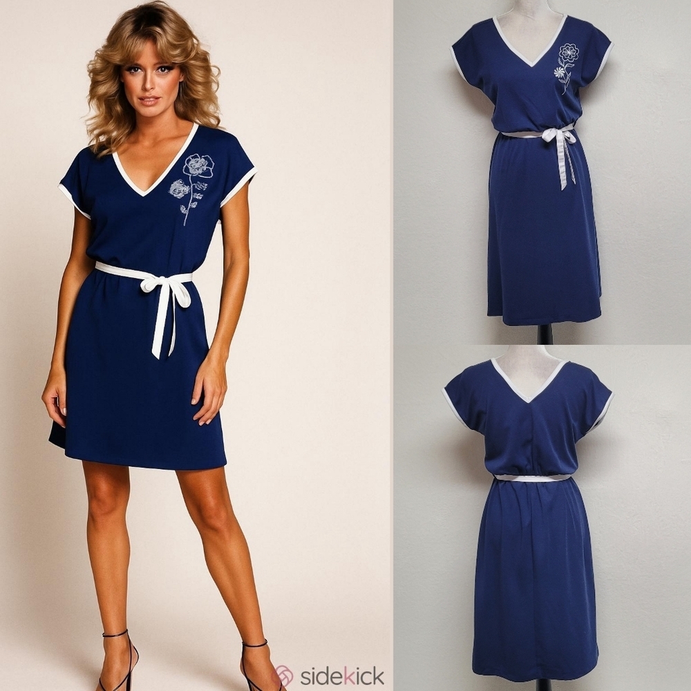 Doo-Dads 60s Vintage Navy Blue White Floral Embroidered Tie-Waist Midi Dress 12